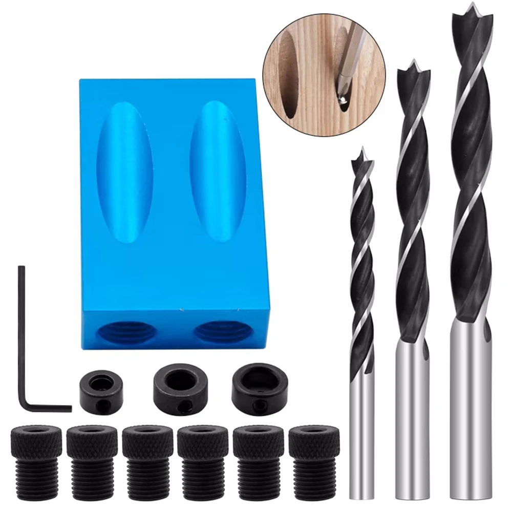 Woodworking Oblique Pocket Hole Locator Jig Kit 15 Degree Angle Drill Guide Set Hole Puncher DIY Carpentry Tools Drill Bits