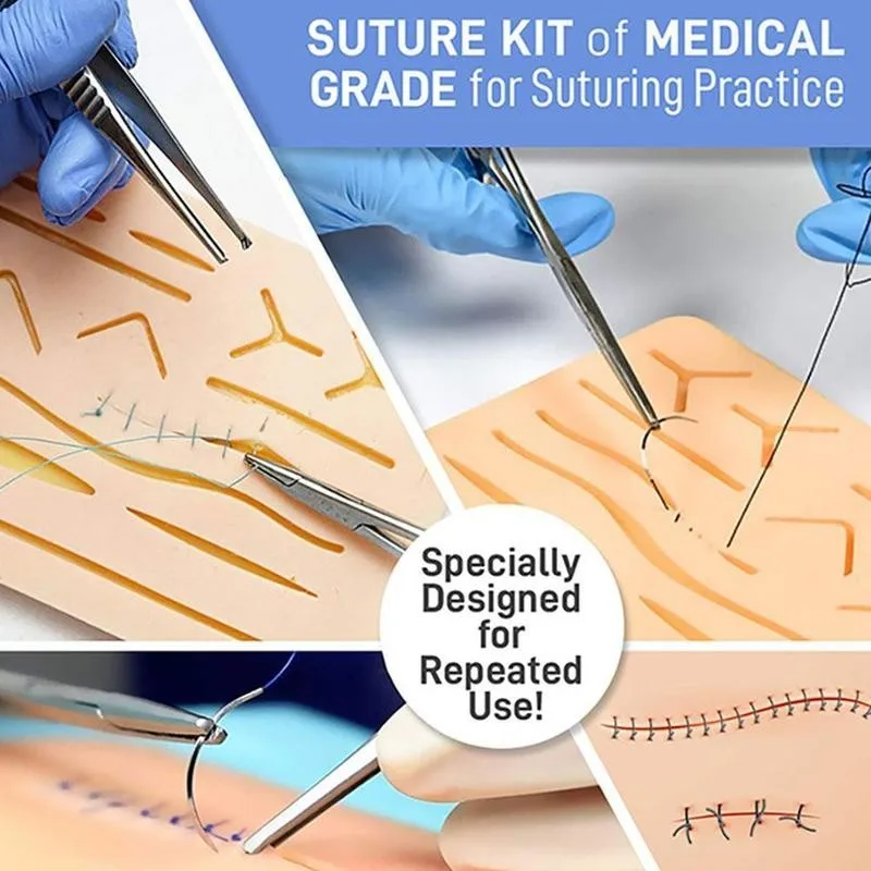 مجموعة أدوات التدريب على خياطة الجلد الطبية، نموذج الممارسة الجراحية، وسادة تدريب من السيليكون، مقص إبرة، مجموعة الموارد التعليمية