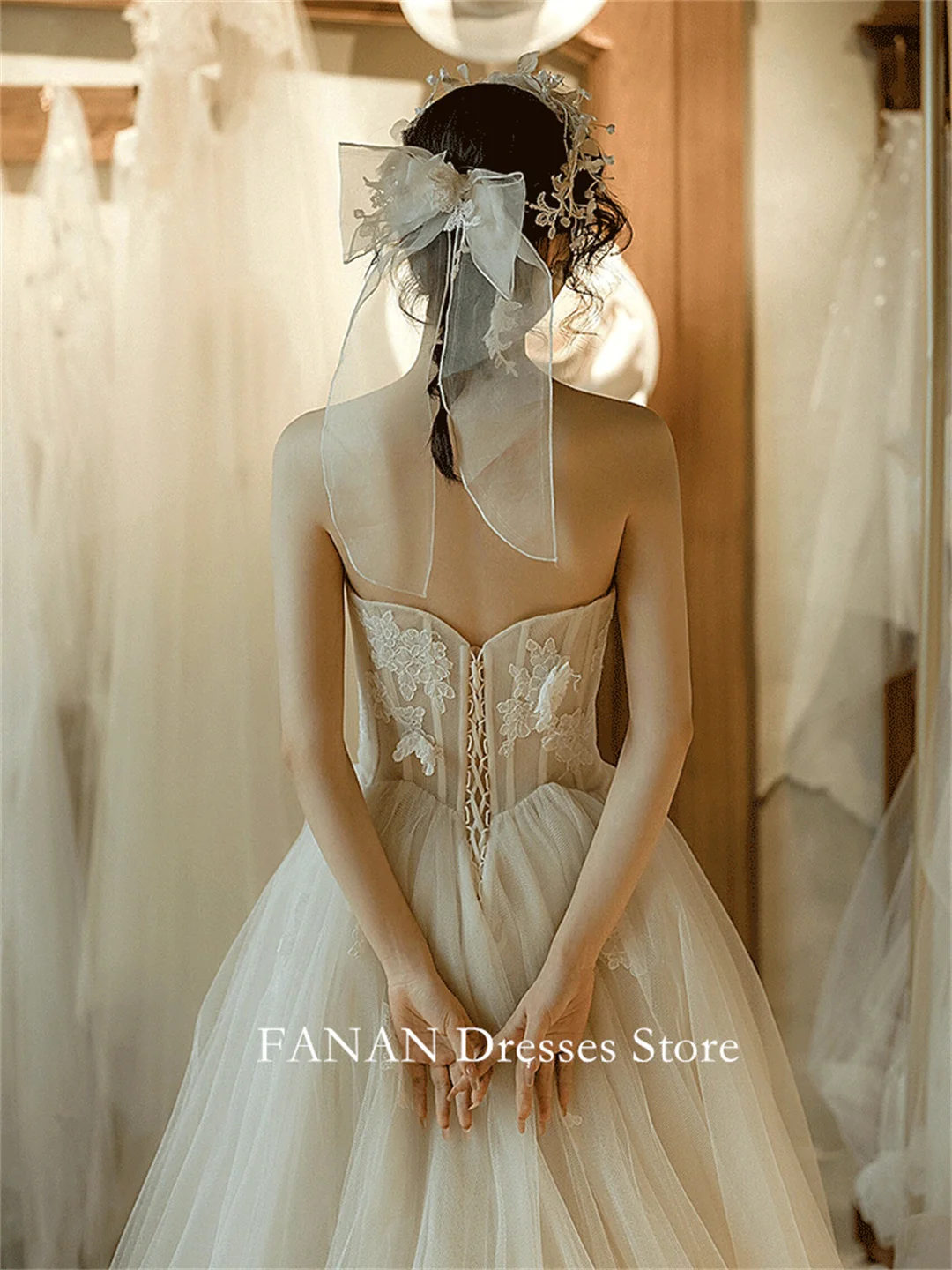 Gaun pengantin model A-Line antik tanpa tali FANAN Korea gaun pernikahan Tulle Corset 드**3/2014 korset klasik buatan kustom gaun pengantin ukuran Plus