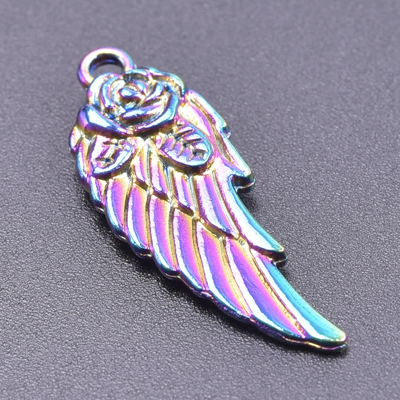 2pcs/Lot Punk Rose Flower Wings Leaf Rainbow Color Charms Angel Feather Wing Metal Pendant For Jewelry Handmade Crafts Material