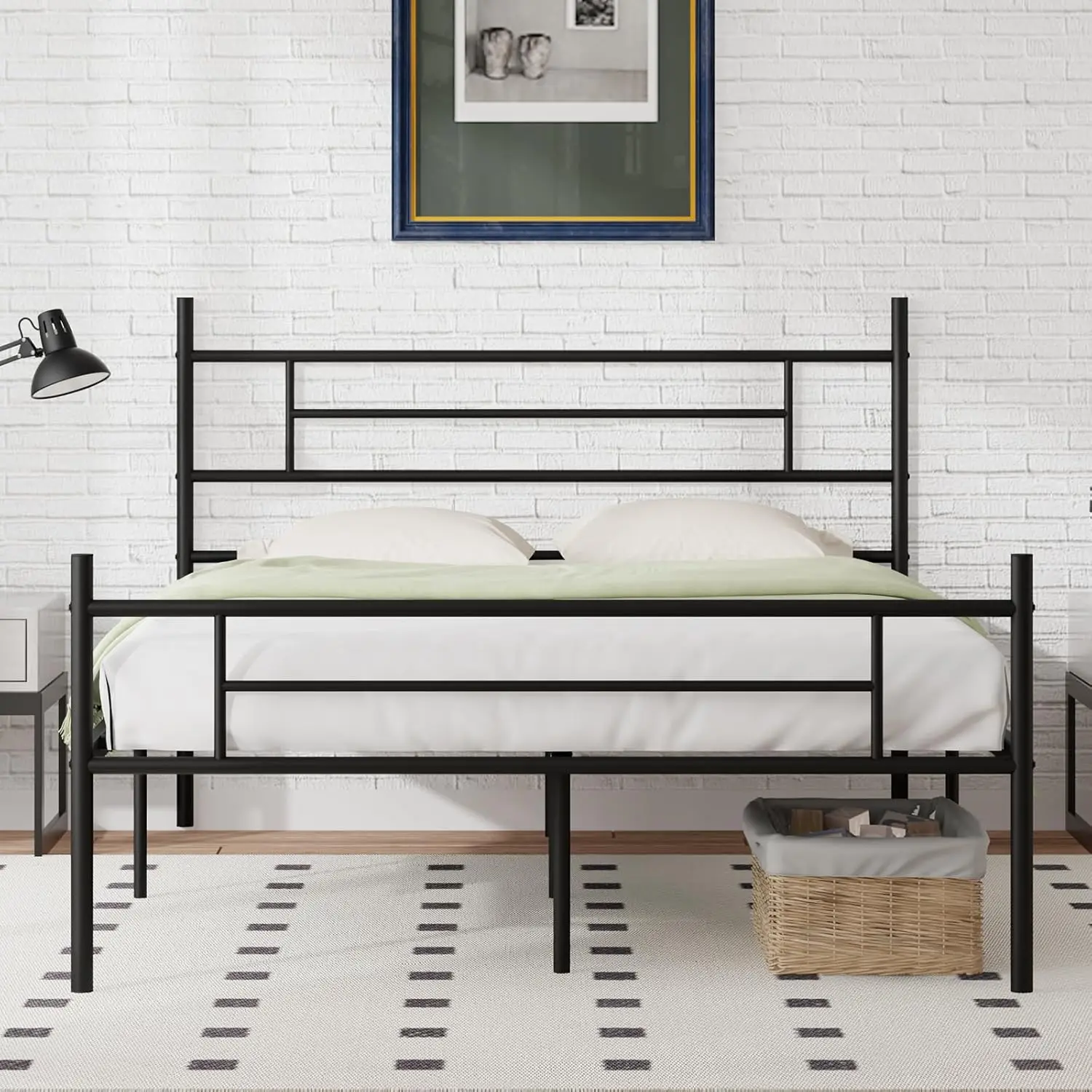 Queen Size Bed Frame with Headboard and Footboard, 14 Inch Metal Platform Bed Frame, Under Bed Storage, Strong Metal Slats