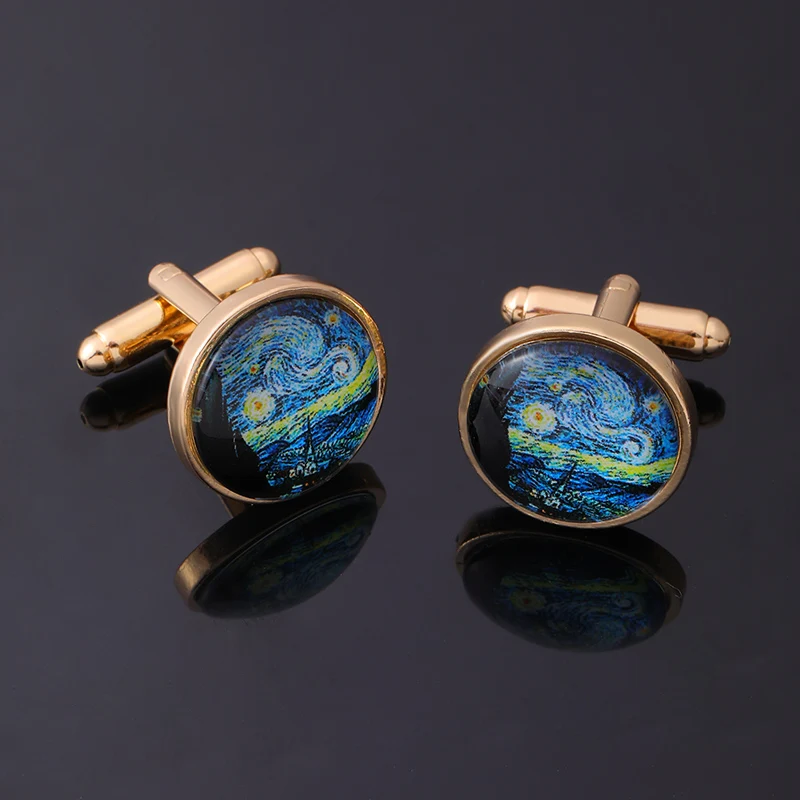 رجل الزجاج كابوشون ليلة النجوم صورة فنية أزرار أكمام فان جوخ النفط اللوحة نمط جولة الكفة زر مجوهرات #5