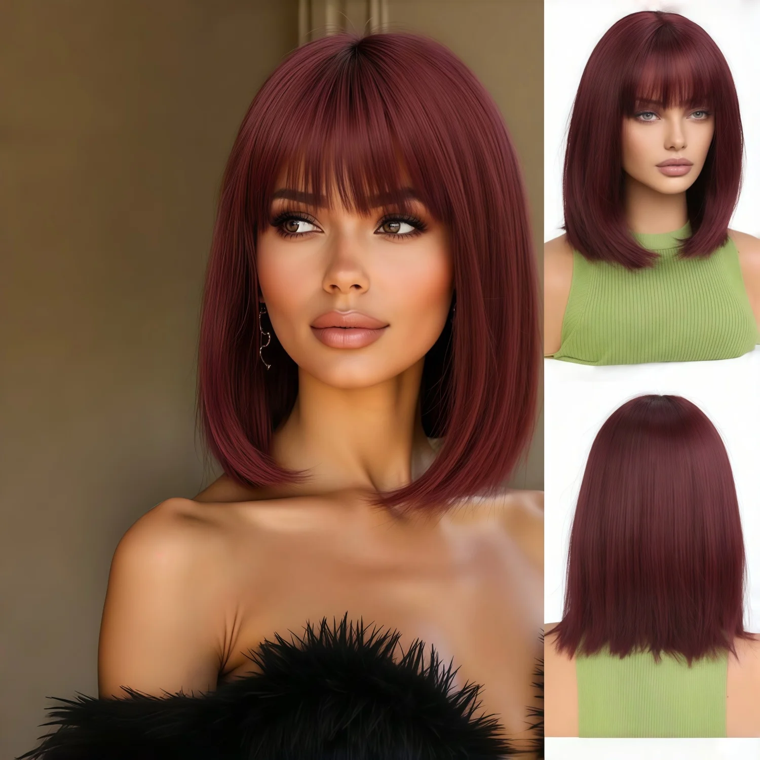 

Wine Red Wig with Bangs, Short Straight Bob Wig for Women, Synthetic Color Wig for Music Festival Role-Playing Parties