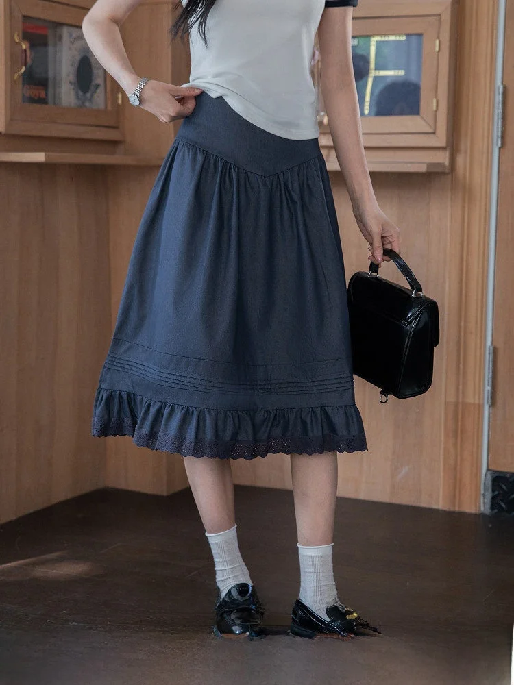 

Ретро-юбка миди А-силуэта с кружевными вставками, королевский синий цвет, для лета, повседневная, для офиса и отдыха