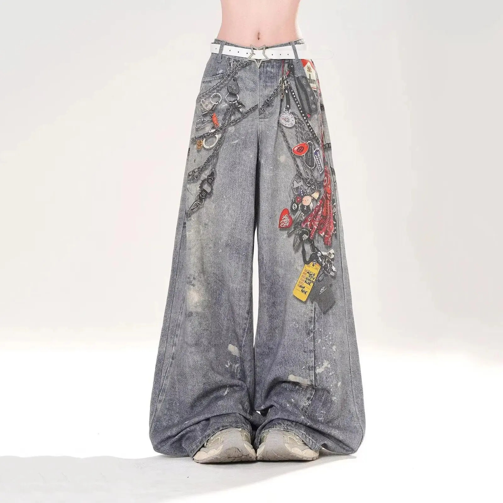 

American 3D Digital Printed Straight Leg Jeans Loose Ink Splattered Vintage Wide Leg Jeans Fashion Personalized Women's Pants