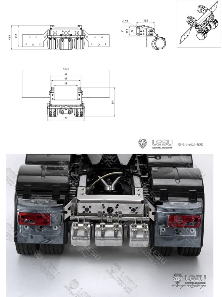 RC 1/14 Metall-Dreikasten-Heckträger mit Rücklicht-Halterungsset für Tamiya Muldenkipper für SCANIA MAN VOLVO Traktor-LKW DIY-Teile – Detail 4