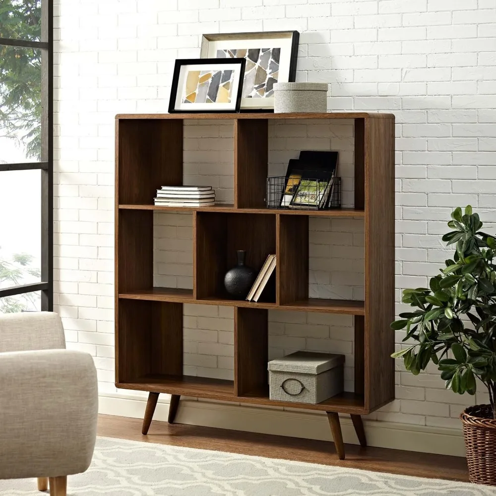 Mid-Century Offset Cube Wood 7 tier Bookcase in Walnut