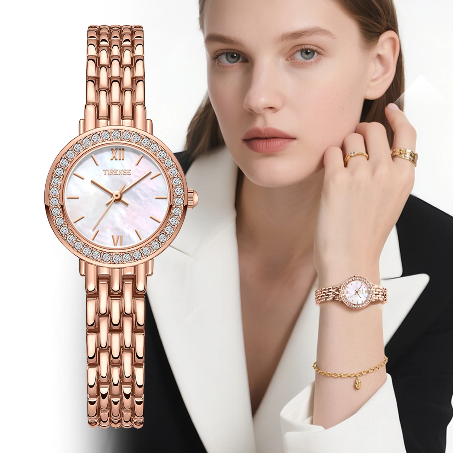 ساعة نسائية دائرية مقاومة للماء بحزام معدني من حجر الراين بتصميم عصري كوارتز مقاومة للماء