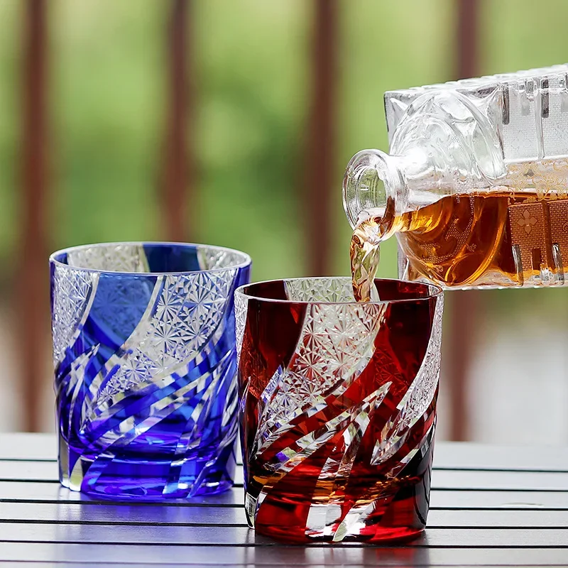 Japanese Crystal Glass Wine Glass Whiskey Flaming Pattern Hand-carved Glass