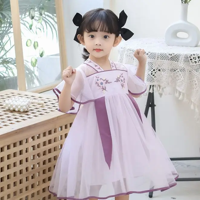 2024 New Summer Girls\' Hanfu Dress Children\'s Antique Flying Sleeve Mesh Skirt Baby Princess Dress Girl\'s Casual Dress