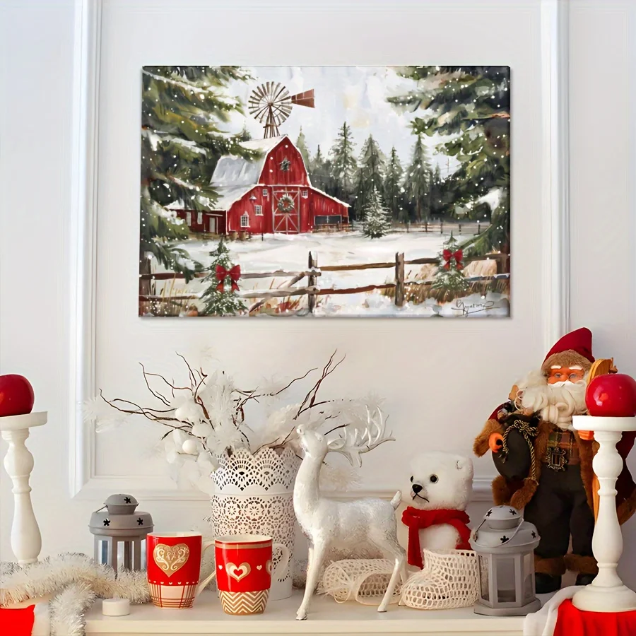 1PC Christmas Rustic Red Barn Poster Canvas Painting Bedroom Living Room Hallway Ideal Gift Wall Decoration Winter Decoration