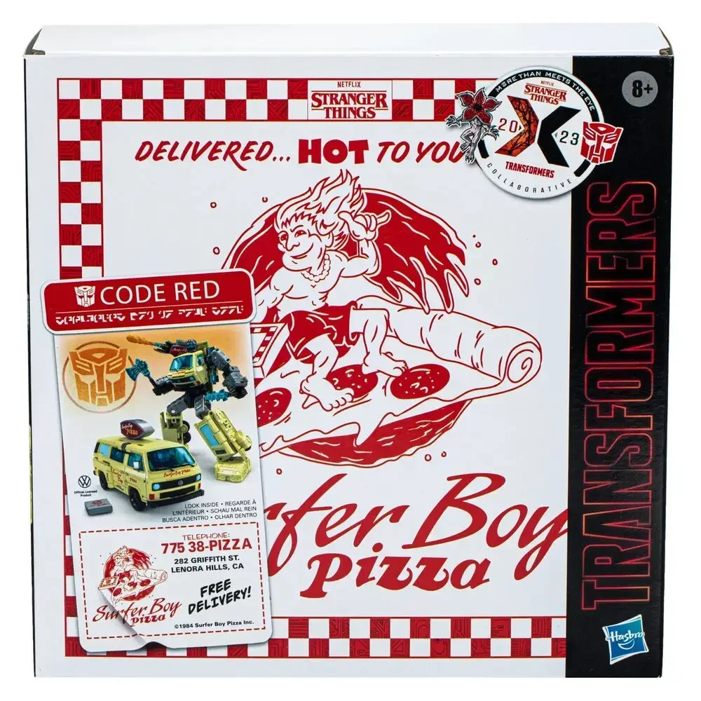 Takara tomy hasbro transformadores coisas estranhas código colaborativo vermelho surfista menino caixa de pizza figuras de ação ornamentos figura