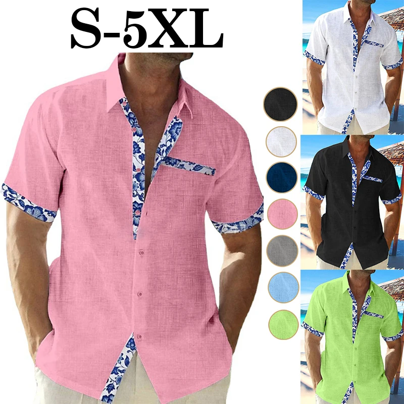 

Mens Fashion Contrast Short Sleeve Shirt Hawaiian Seaside Holiday Loose Casual Button Shirt Handsome Lapel Cotton Linen T-shirt