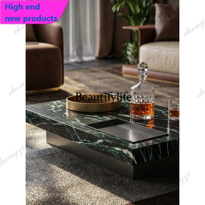 QQ Light luxury high-end large flower green luxury stone coffee table living room new rectangular suspended coffee table table