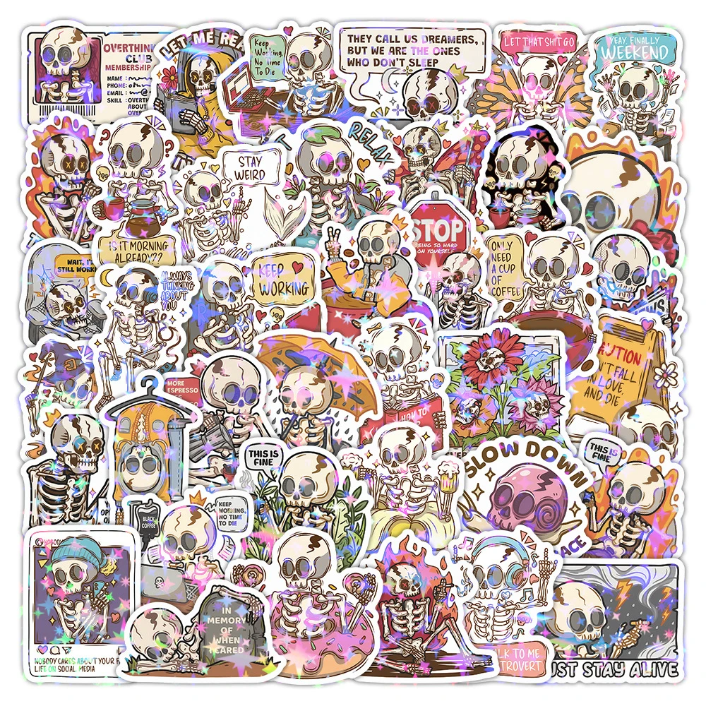 

10/30/50pcs Holographic Laser Skull Cartoon Stickers Funny Creative Graffiti Decals Water Bottle Suitcase Phone Sticker Packing
