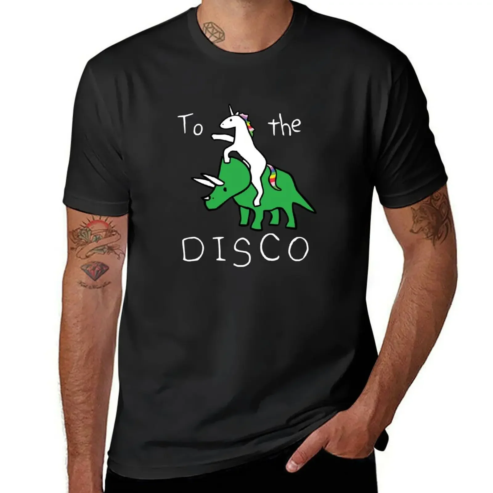 To The Disco (white text) Unicorn Riding Triceratops T-Shirt street wear compression shirt men