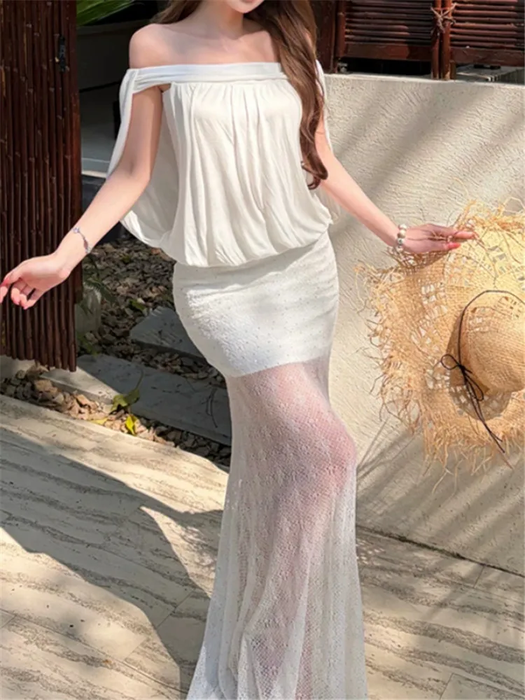 French Style Summer Resort 2 Pieces Sets Slash Neck Off Shoulder Shirt&Sheer Lace Mermaid Long Skirt Suits 2pc Holiday Dress