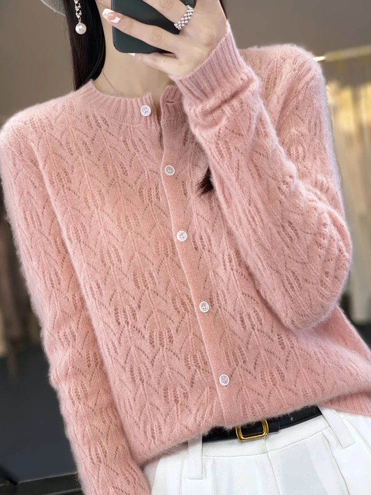 Autumn Winter 100% Merino Wool Women’s Cardigan Hollow O-neck Cashmere Knitted Sweater Female Clothing Basic Korean Fashion Tops