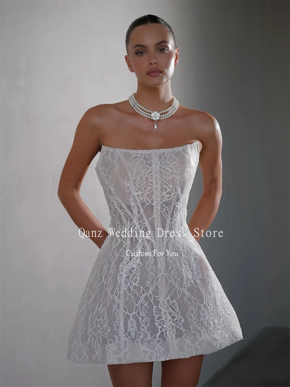 Qanz Transparent Mini Vestidos De Novia Strapless Detachable Sleeves Wedding Dress Full Lace Sexy Robe De Mariée Customized