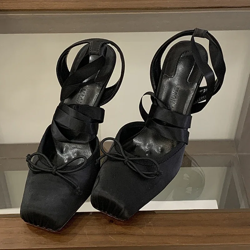 

Aneikeh Sexy Square Head Design Spring Ballet High Heels Cross Ankle Strap Pumps Woman Sandals Ladies Shoes Zapatillas De Mujer