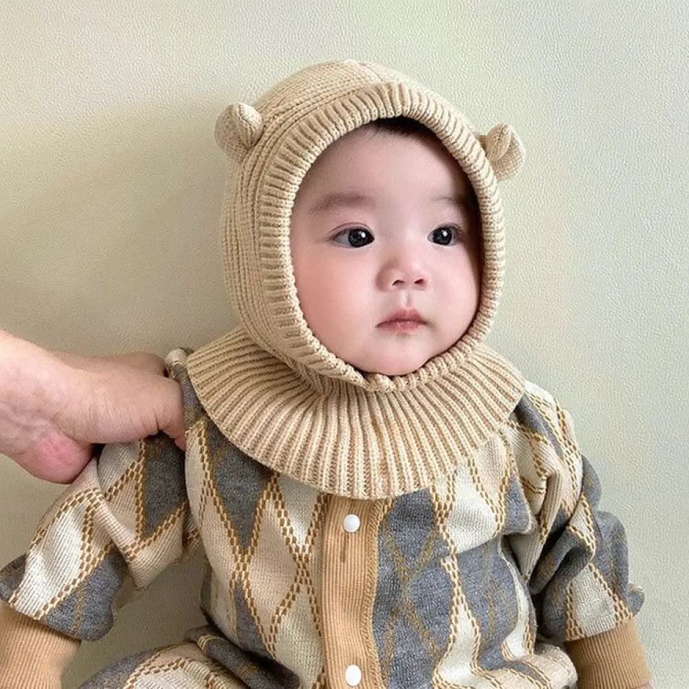 Cute Bear Ear Baby Hat Scarf Set Knitted Winter Bonnet Toddler Warm Earflap Cap Kids Thermal Neck Protector Korean Style Gear