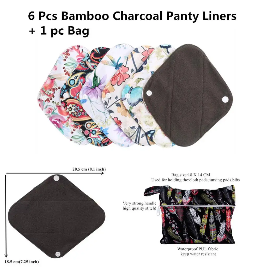 6pcs Waterproof Washable Bamboo Charcoal Cloth  Panty Liner Sanitary Pad Set +1pc Free Wet Bag