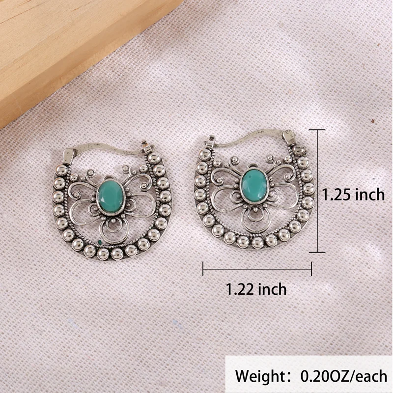 Vintage Leverback Earrings Hollow Butterfly Shape Inlaid Oval Cut Synthetic Gems Boho Style Hook Drop Earrings