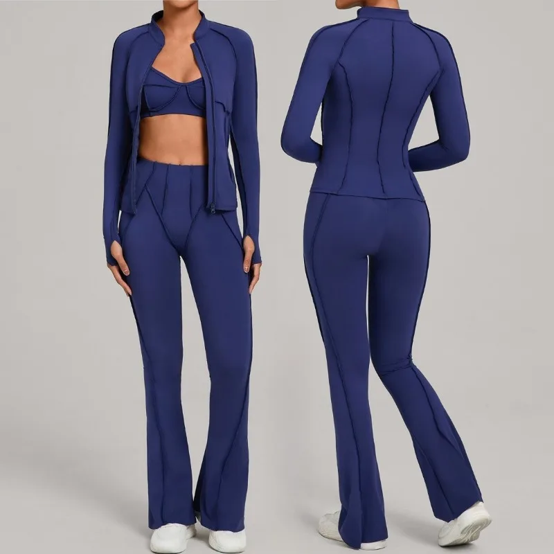 

Женский универсальный комплект для йоги с застежкой-молнией, пескоструйная обработка, облегающая одежда из трех предметов для бега на открытом воздухе, спорта, отдыха и фитнеса