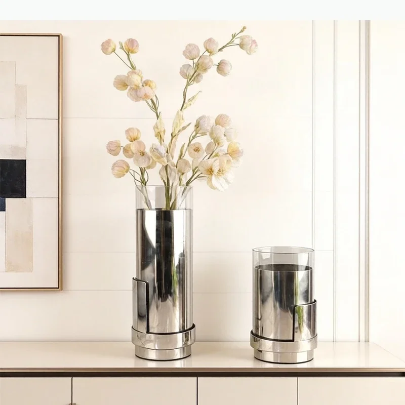 Glass Metal Double-layer Vase Creative Flower Pots Desk Decoration Flowers Arrangement Floral Vases Room Aesthetic Decor