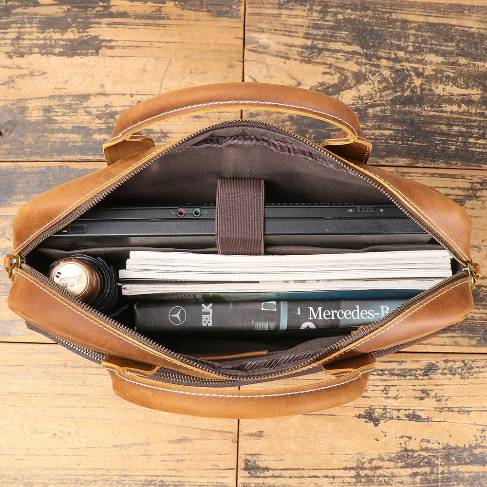 Retro Crazy Horse Song Dance Show Leather Briefcase 40cm Business Notebook Bag Granular Genuine Leather Shoulder Bag Large Capacity 40X30X9Cm 1.7kg