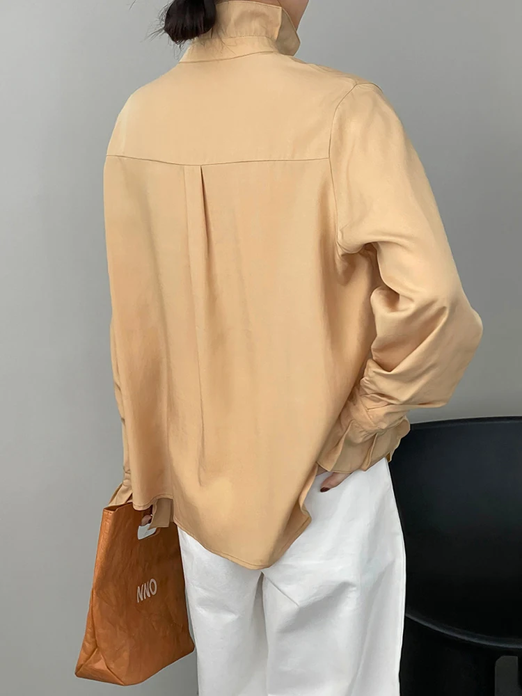 [EAM] Women Beige Ruffles Thin Big Size Blouse New Stand Collar Long Sleeve Shirt Fashion Tide Spring Autumn 2024 1DH4741