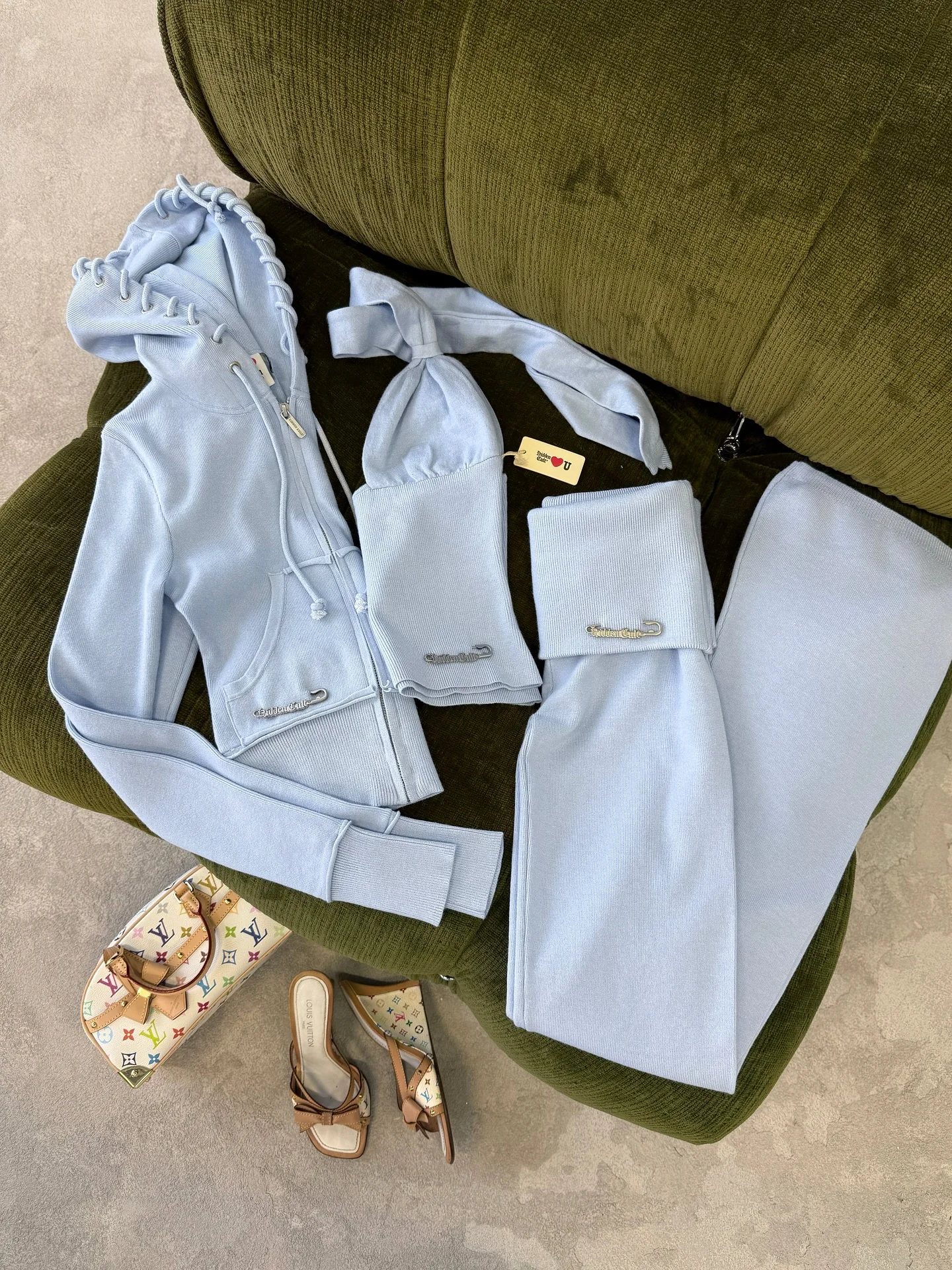 Ropa deportiva americana Y2K, conjunto de dos piezas, traje de Yoga estético azul informal, Falda corta, Sudadera con capucha ajustada, pantalones deportivos informales