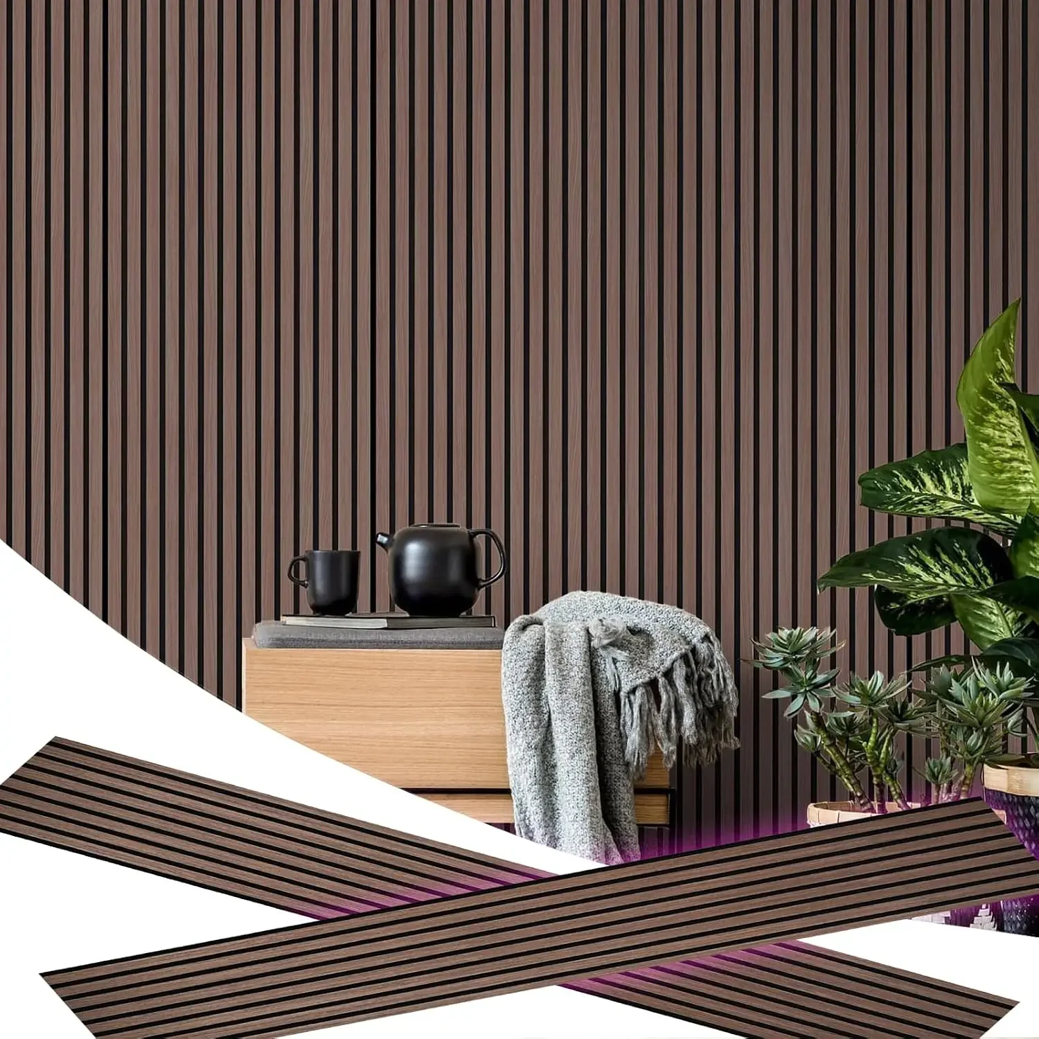 2 Piece Wood Slat Acoustic Panels for Stylish Decor and Noise Reduction, 3D Textured Panel for Ceiling and Wall - JK Walnut