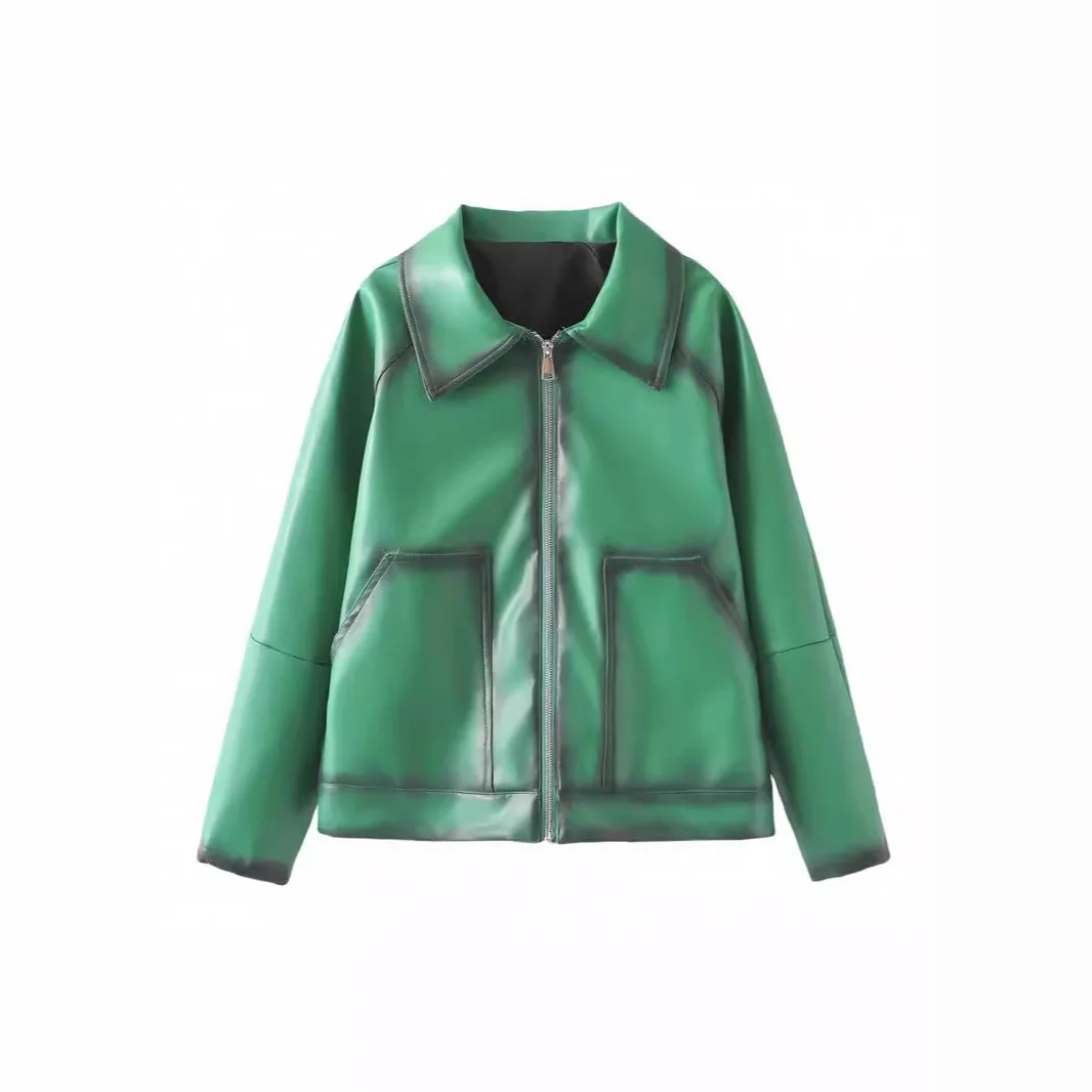 Street Sle a Jaet Zipper Collar Cross-Border Frühling Autumn Faion Damen Ledermantel Long Sve Trendy Person