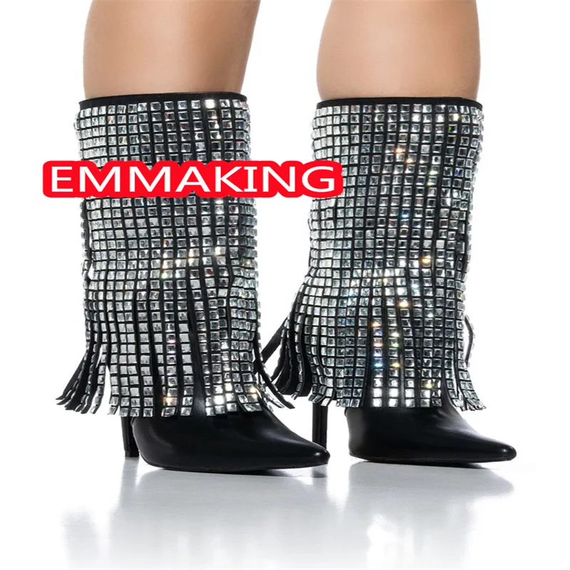 

Черные кожаные модные женские зимние ботинки с кристаллами и бахромой, дизайнерские пикантные женские ботинки на шпильке и молнии для подиума, обувь до середины икры, 44