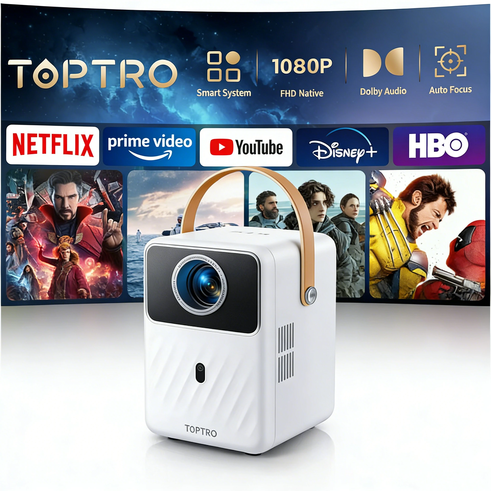 TOPTRO B1 Projetor Portátil Full HD 1080P Suporte 400ANSI Android 9.0 Projetor Auto Keystone e Foco Elétrico Bateria Embutida
