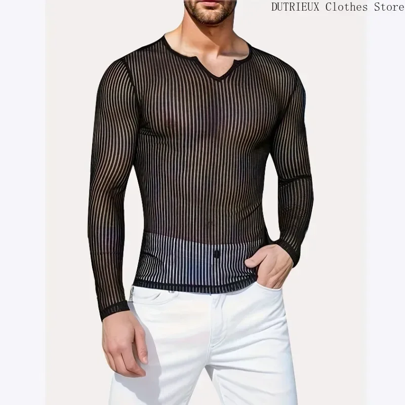 Sexy See-through Mesh Men's Long Sleeve T-shirt Black Transparent Nightclub Clothing V-neck Elastic Tight Men's Pull On T-shirt