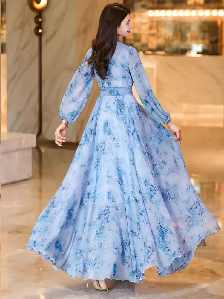 New Women Spring Autumn Chiffon Floral Dress Fashion V-Neck Long Sleeve Slim Waist Long Dress Elegant Light Blue Bohemia Dress