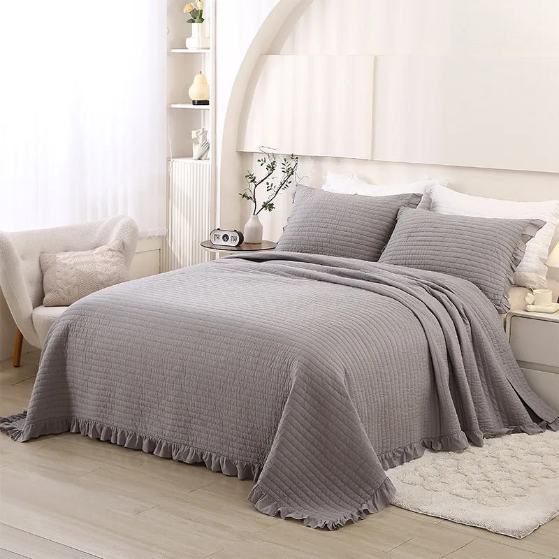 

Minimalist 100% Cotton Quilt Set with Lace & Striped Embroidery, Grey Solid Color 3 Piece Bedding, Elegant Bedspread & Coverlet