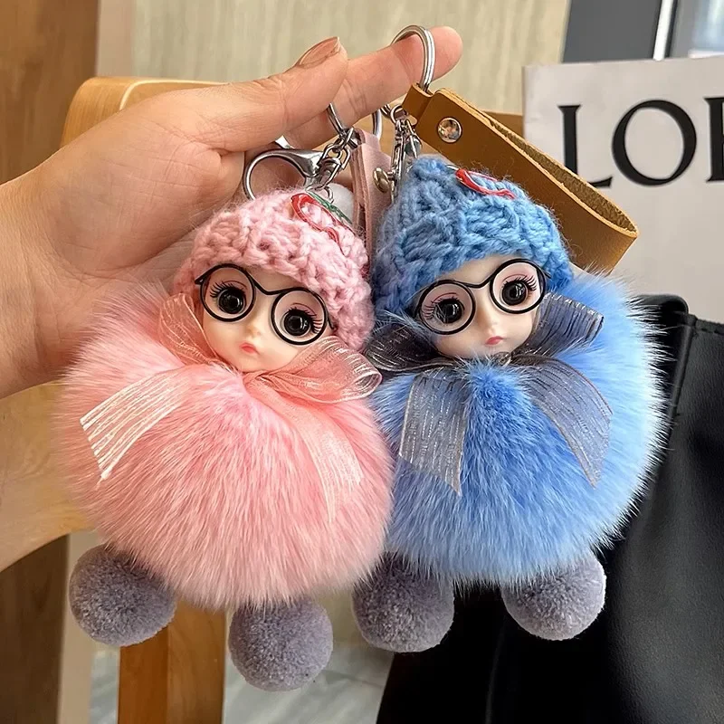 Cute Pompom Keychain Real Fox Fur Ball Keyring Plush Eye Glass Doll Pendant Fashion Key Holder Chain for Car Key Ring Women Bag