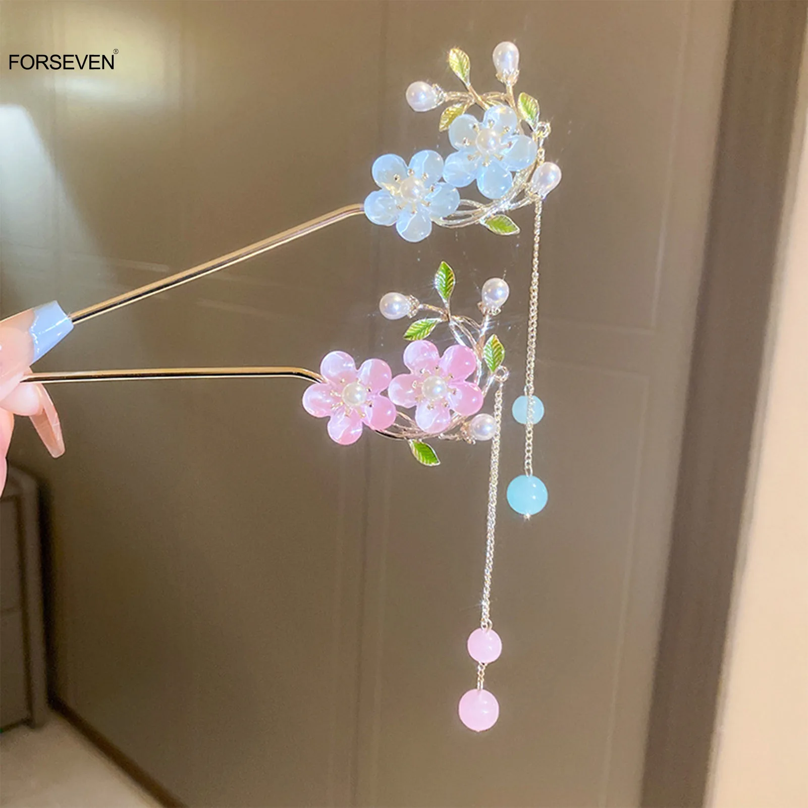 Chinese Chopsticks Style Hair Sticks Forks Gold Color Alloy Hairpins Pink/Blue Flower Designed Pendant Headdresses for Woman