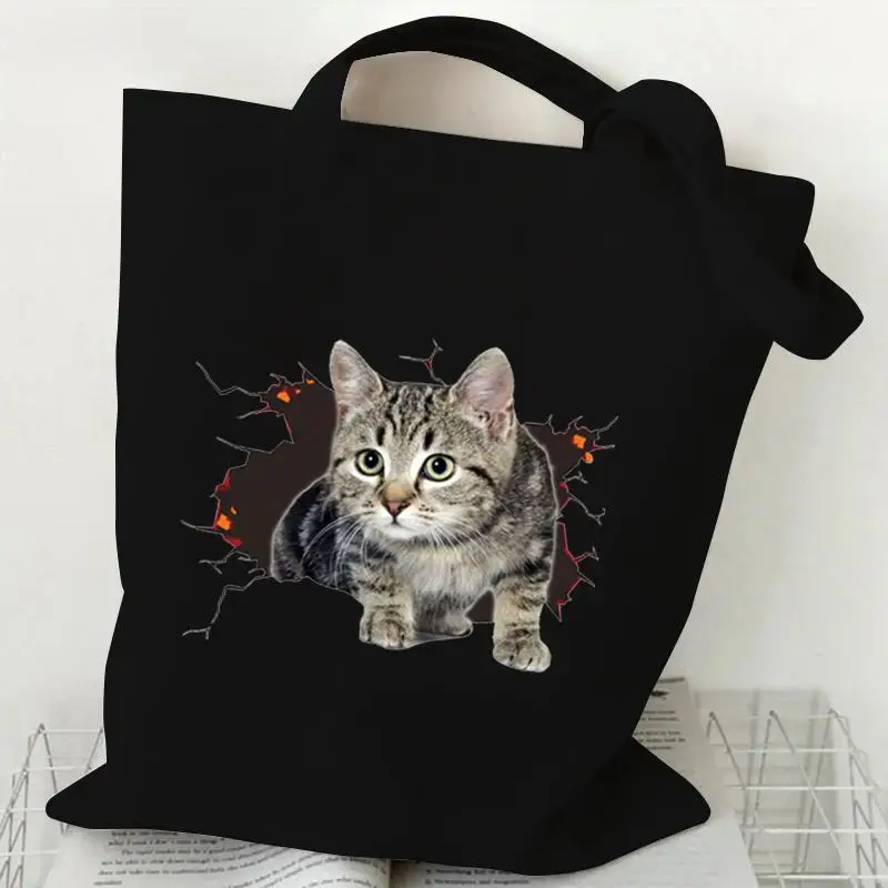 

Cute Handbag with Cat Graphic Women's Canvas Tote Bag Vintage Shoulder Bag Hip-hop Shopping Bag Cartoon 3D Cat Handbag Kawaii