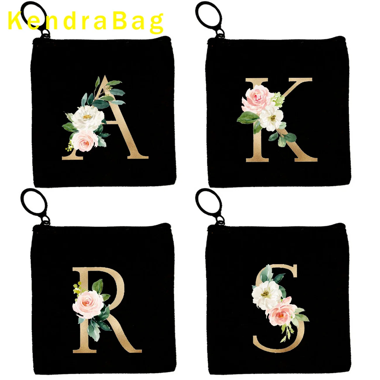 Flower Initial Letter A to Z Floral Monogram Gold Foil Nursery Wedding Alphabet Gift Canvas Coin Purse Key Case Bag Wallet Pouch