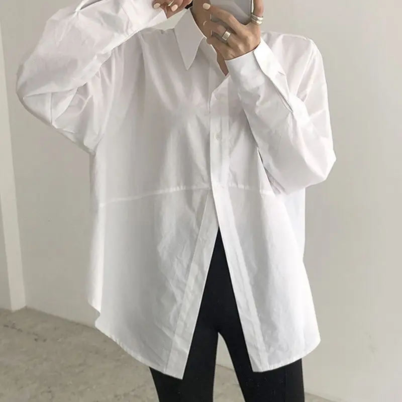 Korean Chic Autumn Minority Simple Lapel Irregular Single-Breasted Loose Solid Color Puff Sleeve Shirt Top for Women