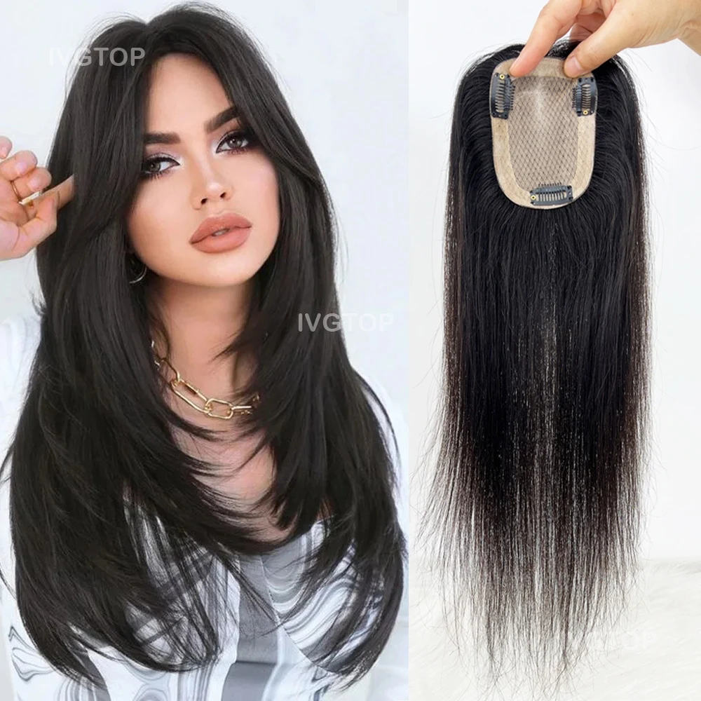 9x14cm Silk Top Women Topper Human Hair Breathable Silk Base Toupee Virgin Hairpiece Cover with Clips in Natural Color 12x14cm