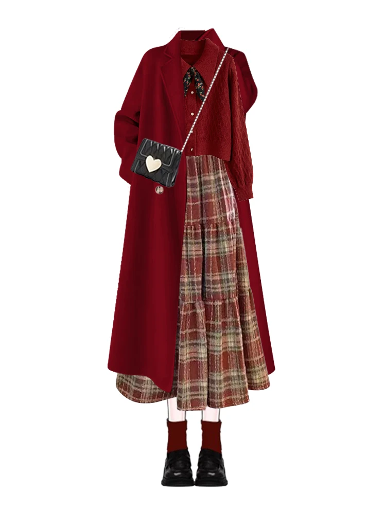 Abrigo largo rojo de Aosphere para Año Nuevo, suéter de invierno para mujer, falda a cuadros de cintura alta, conjunto de camiseta, traje informal de invierno