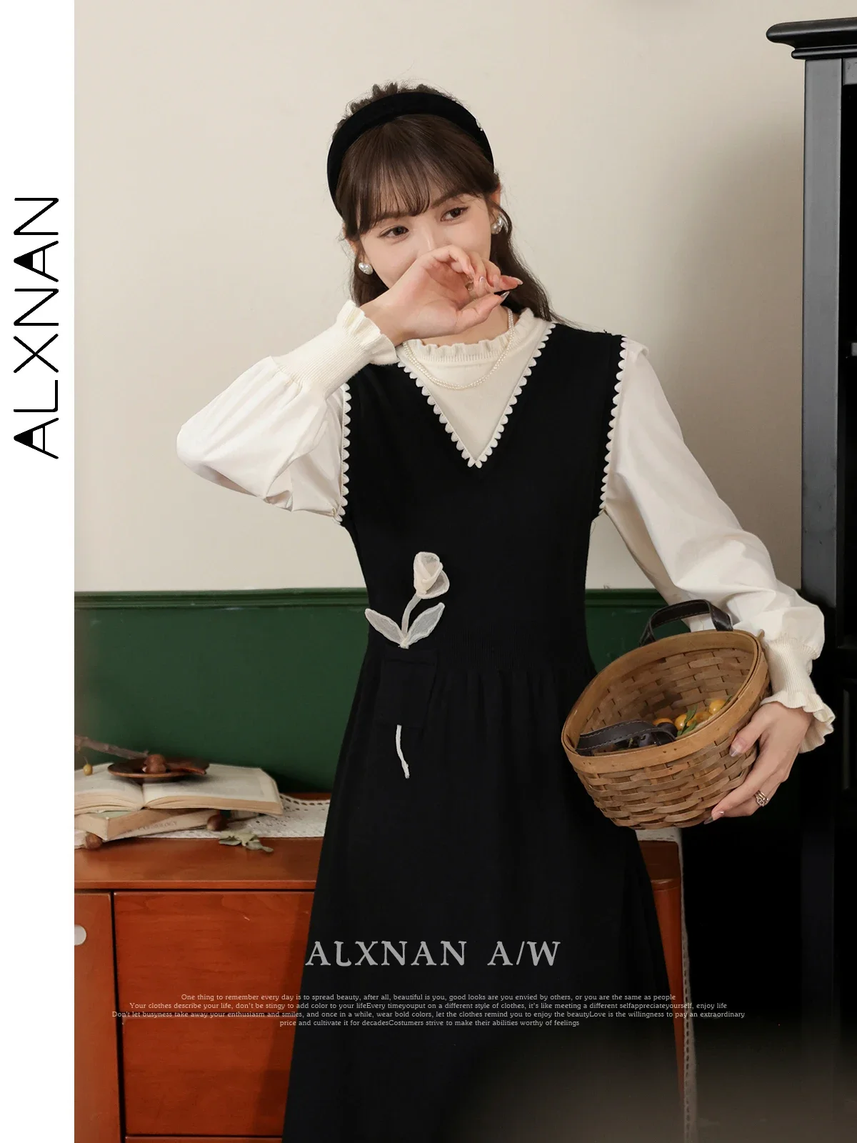 ALXNAN Plus Size Fall Elegant Fake 2 Piece Long Sleeve Dress for Women 2024 Fashion Commuter A-line Spliced Midi Dresses DM00810