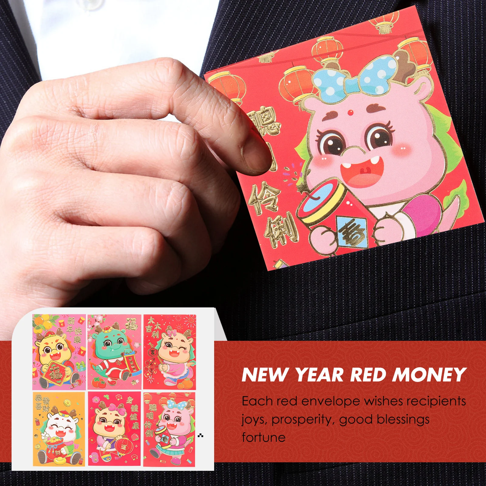 

2024 Year Of The Envelopes Cartoon Paper Chinese New Year Festival Bags Embossed Design Packets For