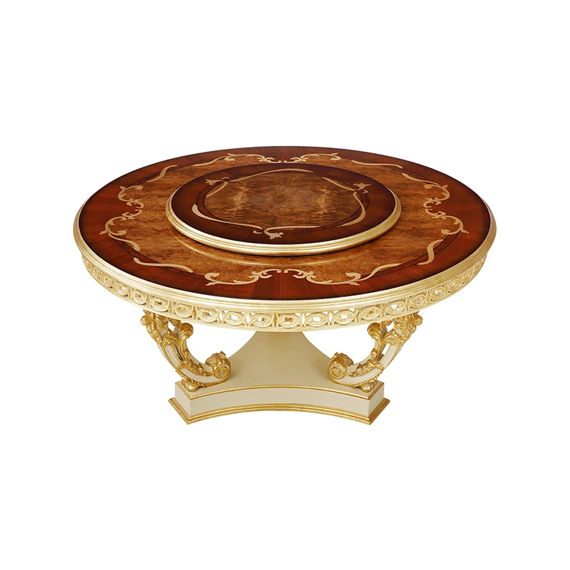 !@Customization Model French Style 360 Degree Rotating Classical Dining Table Handmade Luxury Wood Veneer Dining Room Furniture