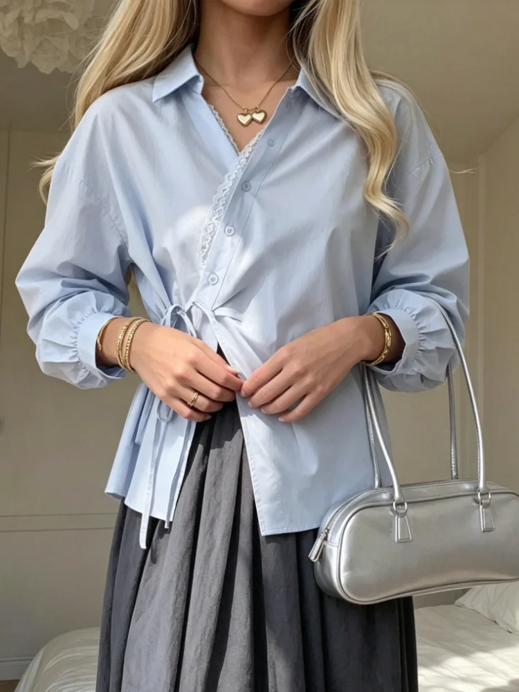 Spring Fall Women Lapel Wrap Shirt Lace Trim Oblique Button Lantern Long Sleeve Tie Waist French Sweet Casual Daily Blouse Top